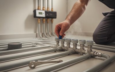 Manos de un técnico ajustando válvulas en un colector de suelo radiante en una sala de mantenimiento.