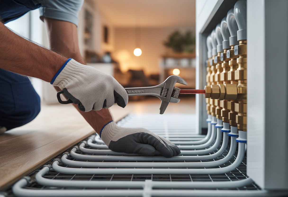 Técnico purgando una válvula del sistema de suelo radiante en una casa moderna con suelo de madera.