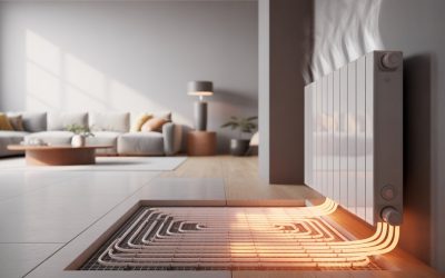Interior de una sala moderna mostrando una sección del suelo con tuberías de calefacción por agua y un radiador de baja temperatura en la pared.