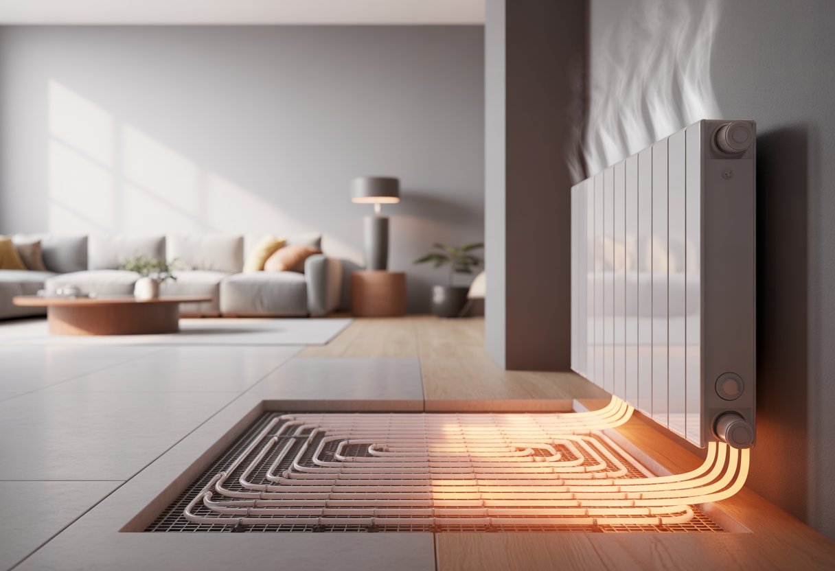 Interior de una sala moderna mostrando una sección del suelo con tuberías de calefacción por agua y un radiador de baja temperatura en la pared.