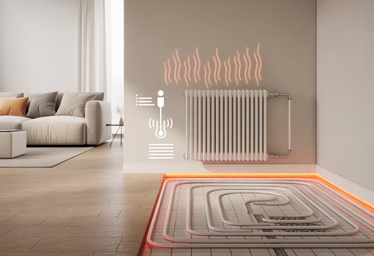 Interior de una sala dividida mostrando tuberías de calefacción por agua bajo el suelo y un radiador de baja temperatura en la pared.