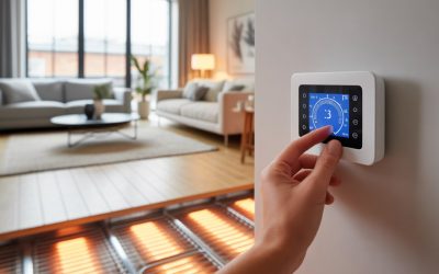 Mano ajustando un termostato digital en una sala de estar moderna con suelo radiante visible.