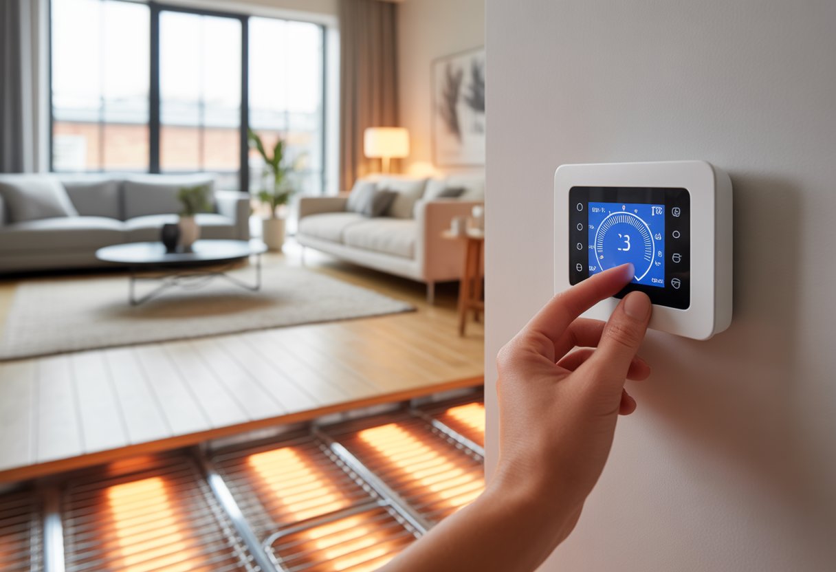 Mano ajustando un termostato digital en una sala de estar moderna con suelo radiante visible.