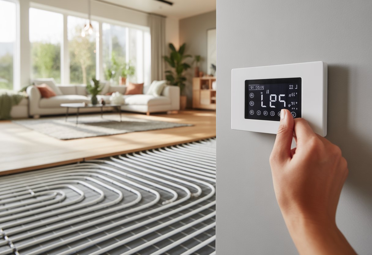 Sala de estar moderna con un panel de suelo transparente que muestra las tuberías del suelo radiante y una mano ajustando un termostato digital en la pared.