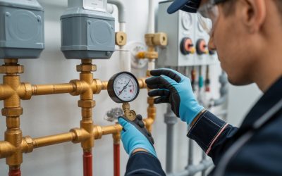 Técnico inspeccionando un manómetro en un sistema de circulación de agua caliente cerrado con tuberías y válvulas.
