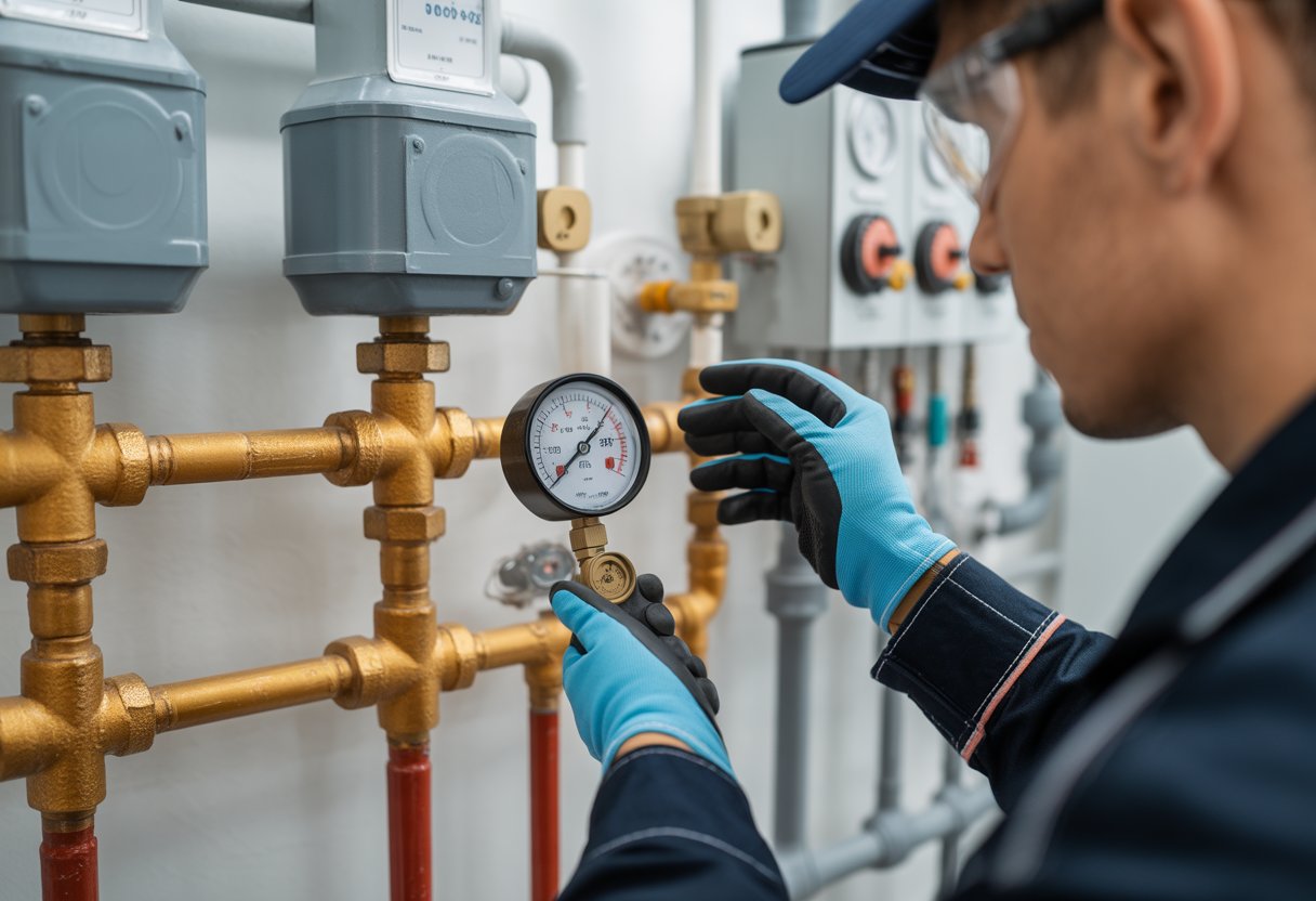 Técnico inspeccionando un manómetro en un sistema de circulación de agua caliente cerrado con tuberías y válvulas.