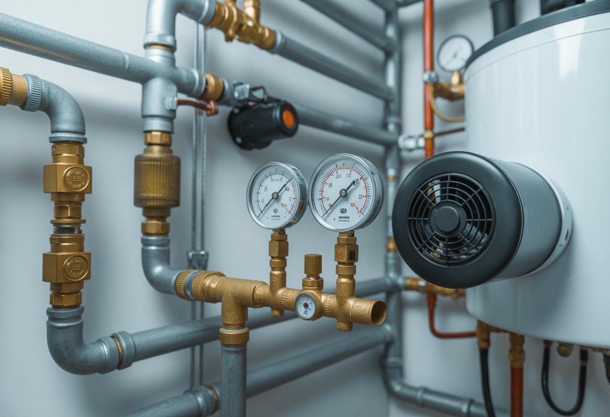 Vista cercana de un sistema de circulación de agua caliente sanitaria con tuberías, válvulas y manómetros mostrando problemas de presión en un espacio técnico.